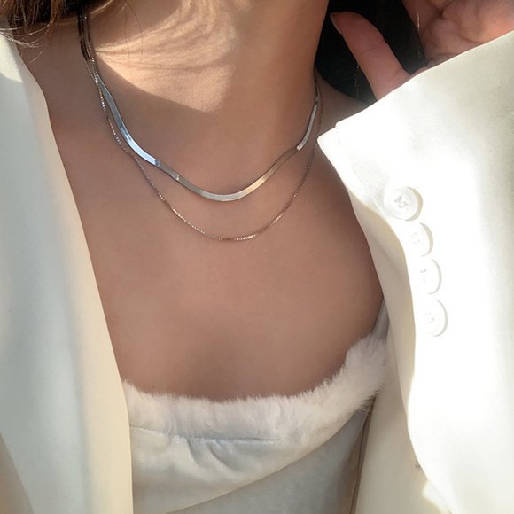 #NEW 925 Sterling Silver  Flat Herringbone Snake Chain Double Layer Necklace - Picture 3 of 5